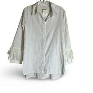 Aureum Y2K White Feather Cuff Long Sleeve Button‎ Down Shirt